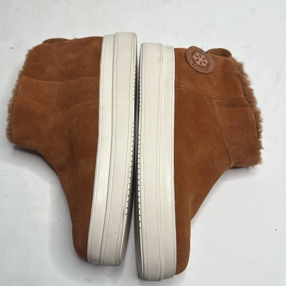 J/SLIDES Faux Fur-Lined Microsuede Tan Brown Booties S-286 Sz 10
